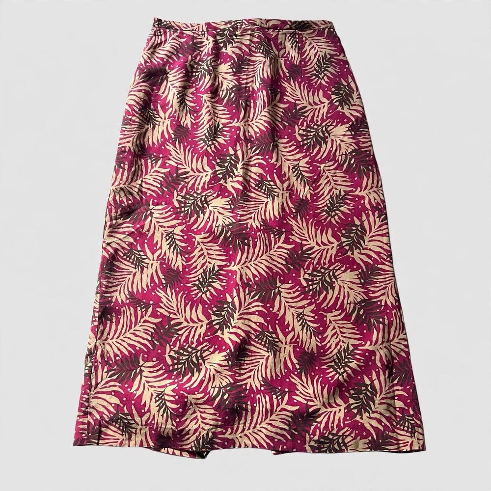 Vintage Tao 100% Silk Maroon Tan Leaf Print Maxi Skirt Womens sz L Y2K